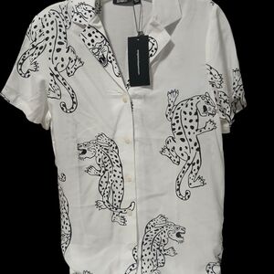 White Short-Sleeve Button-Down Shirt with Black Leopard Print